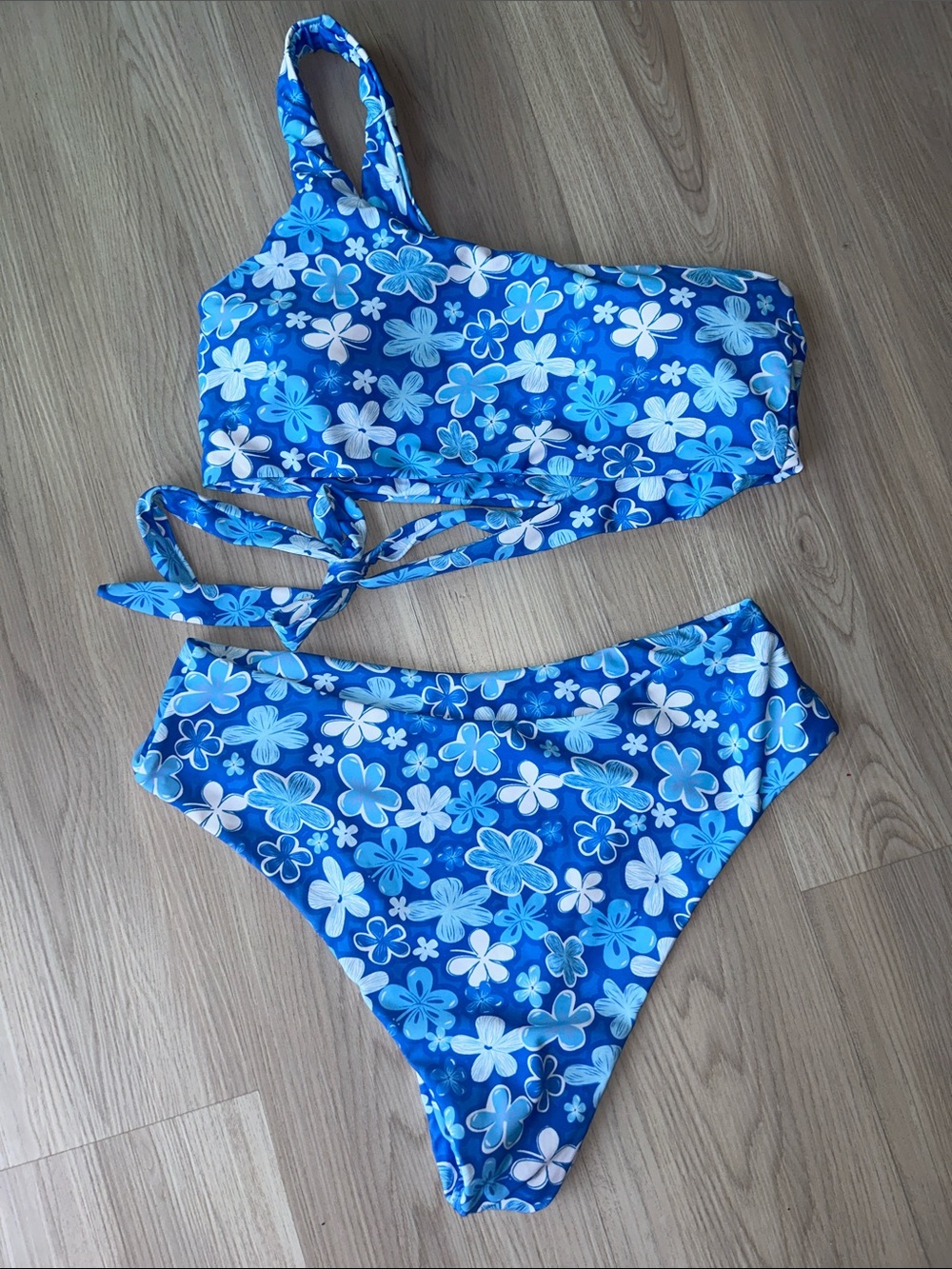Floral One Shoulder Bikini XL Blue Swimsuit Beach Stretch 2-Piece Whimsical